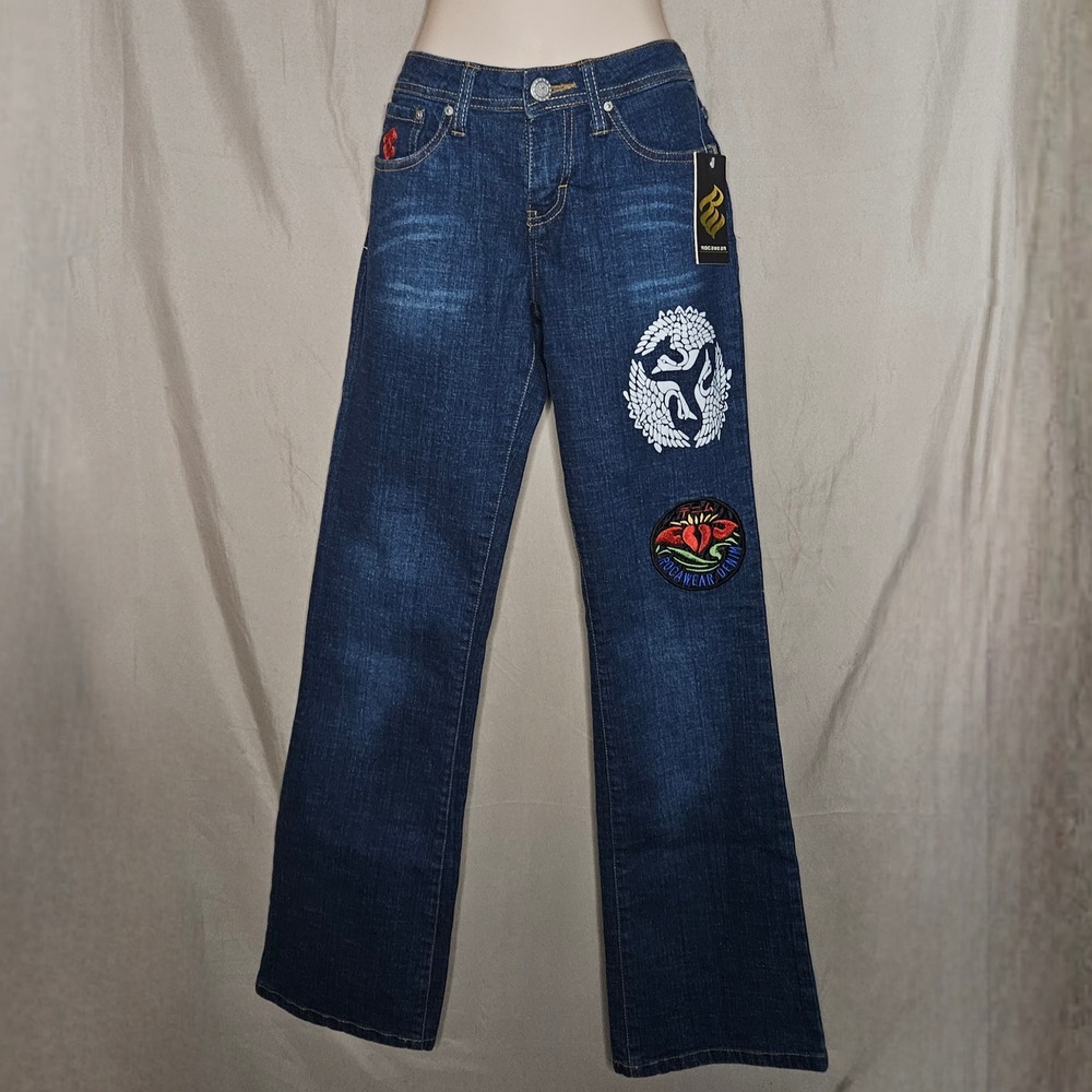 Rocawear Denim Jeans Dark Wash Embellished‎ Patches Bootcut